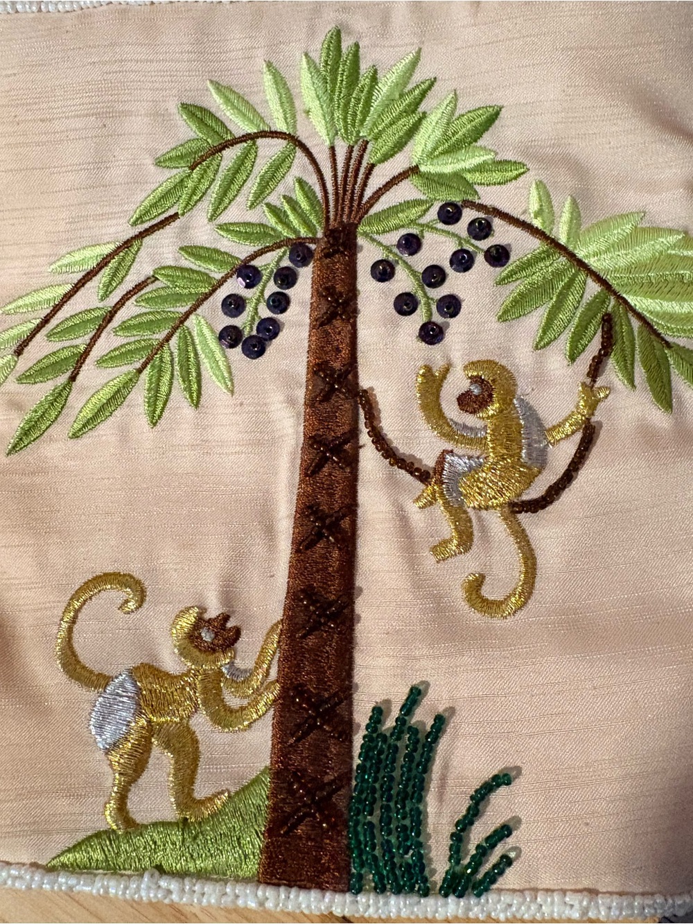 Embroidered Beaded Palm Tree & Monkey Mini Tote Bag Purse Beige Green Brown - Picture 7 of 7